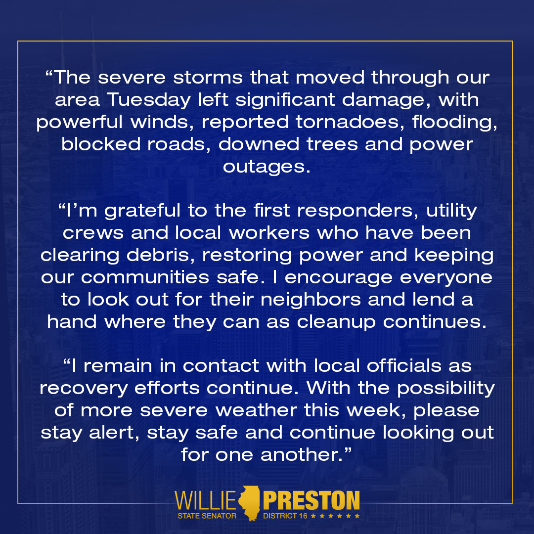 State Senator Willie Preston released a statement about storm damage in his district